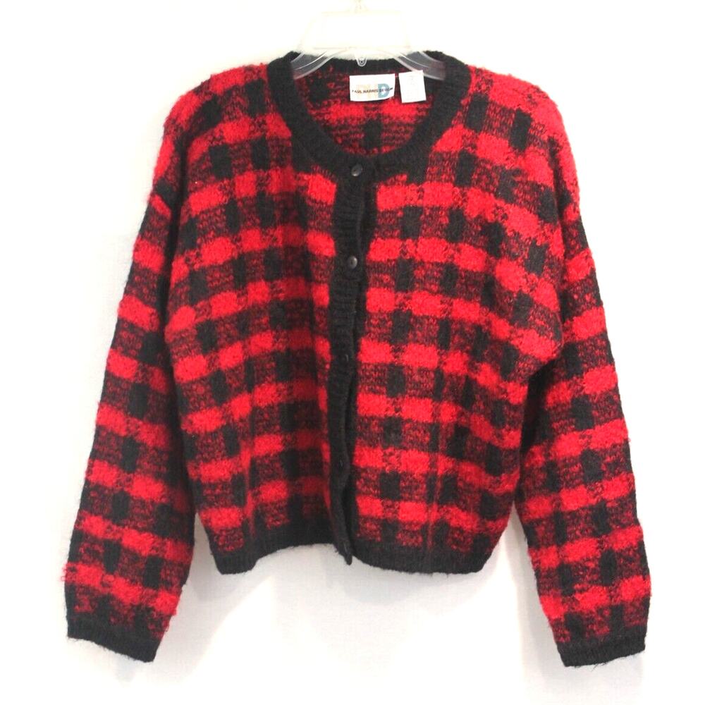 Paul Harris Vintage Mohair Blend Cardigan Sweater size M Red Black Buffalo Plaid